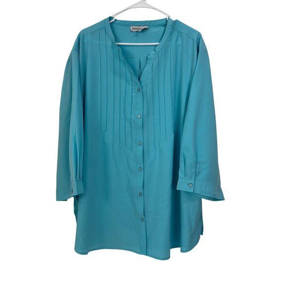 Southern Lady Women 3X Turquoise Button-Up Tunic Blouse Pintuck Front Side Slits - Picture 12 of 14